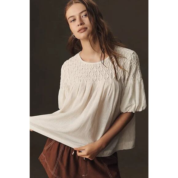 Anthropologie Puff Sleeve Smocked Linen Blouse Top - M Ivory - Picture 1 of 5